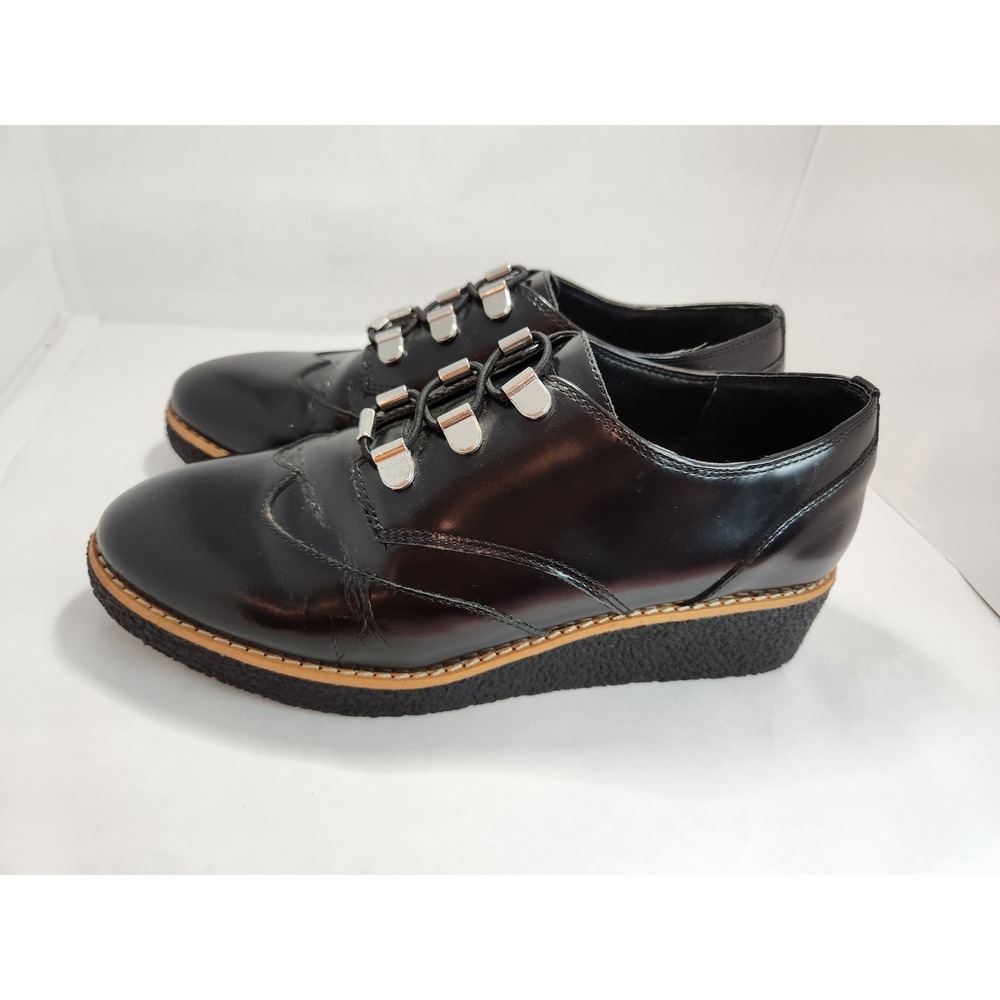ebecca Minkoff Black Leather Platform Lace Up Shoes‎ Women Size 7M metal deco - Picture 3 of 10